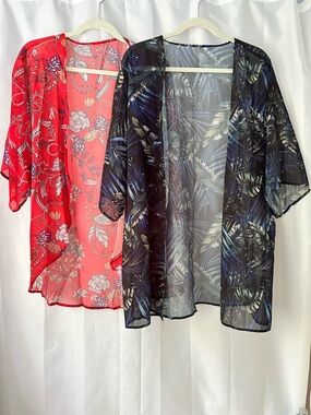 Set of Two Sheer Print Kimono Tunics - Floral Tropical Print XL Beach Coverup